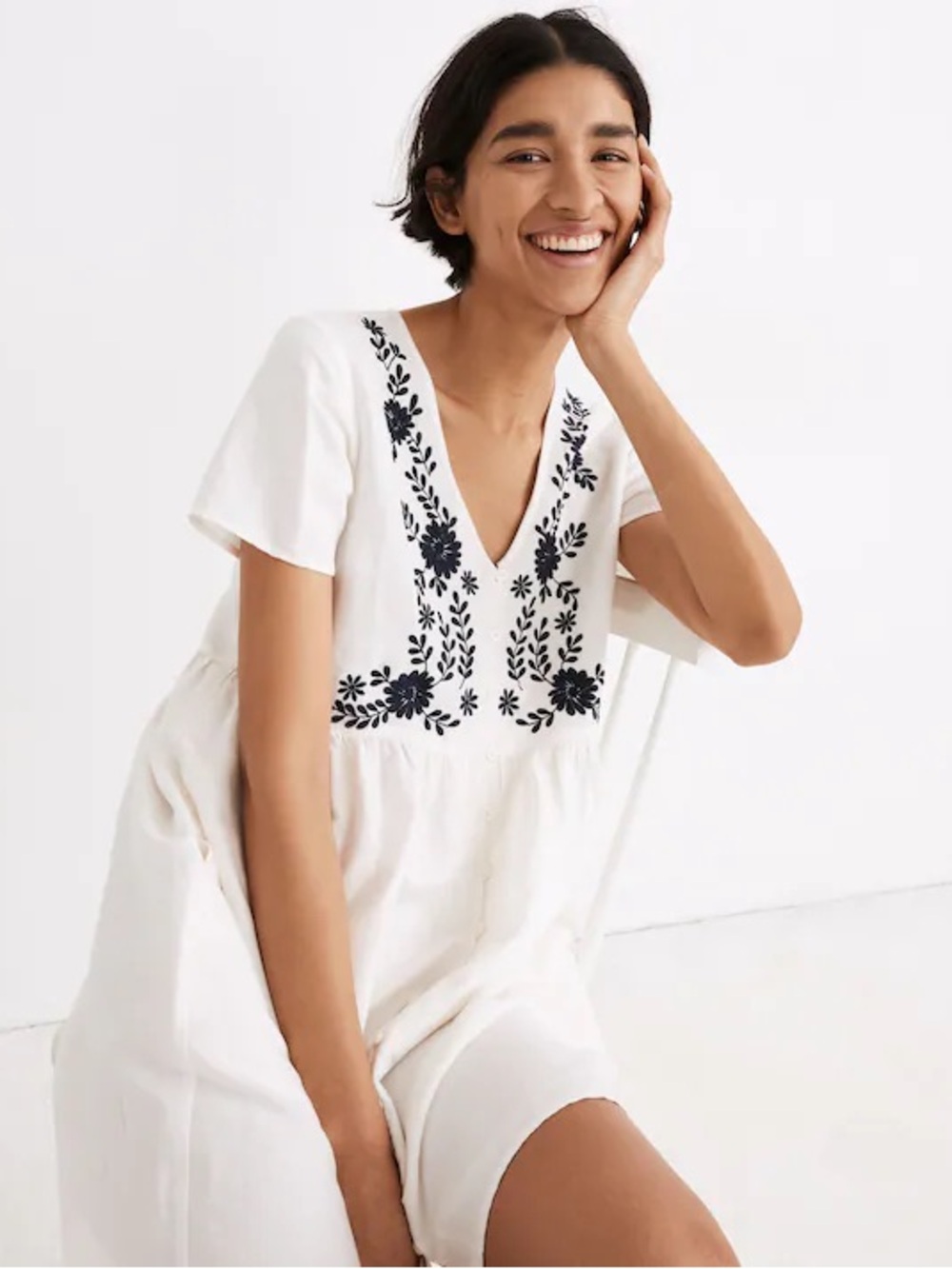 Madewell Embroidered Linen-Blend Alexandra Button-Front Mini Dress